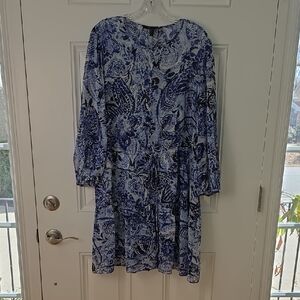 BCBGMaxAzria Blue, Black and White Silk Abstract Dress.  Size Large